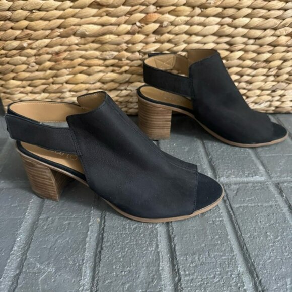 Franco Sarto Helix Women’s 6.5 M Black Block Heel Peep Toe Sandals Leather Suede - Picture 2 of 9